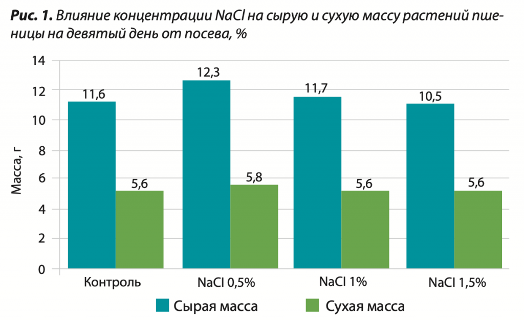 1. Влияние концентрации NaCl на сырую и сухую массу растений пше- ницы на девятый день от посева, %.png